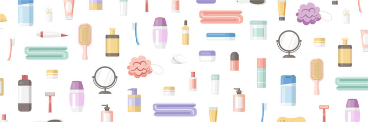 Set of bathing accessories and cosmetics on white background