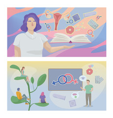 Obraz premium Banner with teachers and students on color background. Concept of sex education