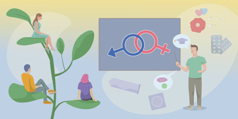 Male teacher near blackboard and students during lesson. Concept of sex education