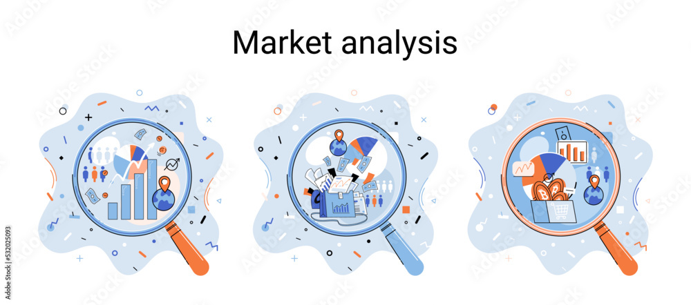 Poster market statistics data analysis metaphor marketing strategy development. business research. identify