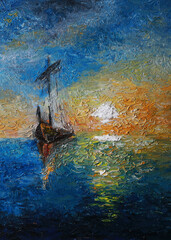 Fototapeta na wymiar Lonely sailboat in the sea at sunset. Modern oil painting