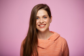 Fototapeta premium Close up female face with natural real skin. Isolated portrait on pink background beautiful woman looking at camera.