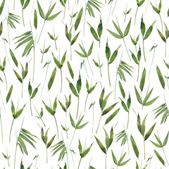 Bamboo leaves and twigs on a white background. Watercolor illustration. Seamless pattern. For fabric, textiles, wallpaper, covers, prints, packaging, paper, scrapbooking clothing bed linen