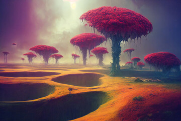 alien planet  landscape with strange trees,  digital art - 532025428