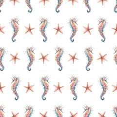 Seahorse and starfish on a white background, seamless pattern, marine. Watercolor illustration. For fabric, textiles, wallpaper, packaging, wrapping paper, cover, background, bed linen, clothing