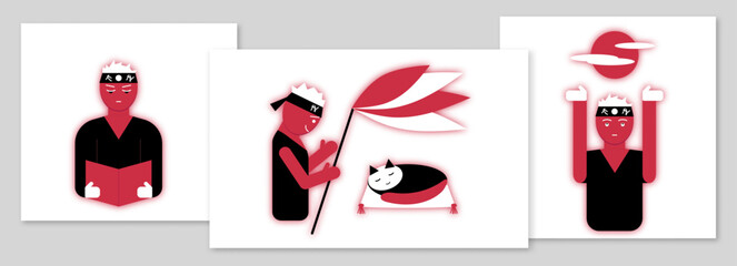 A series of fun japanese characters. Man reads book, takes care of a cat, shows sun or does yoga. Guy is in kimono, hachimaki with hieroglyphs