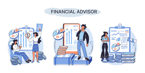 Financial advisor giving advice investment money market analysis management planning for customer. Fiscal consultant professional in finance. Business development successful vested interests metaphor