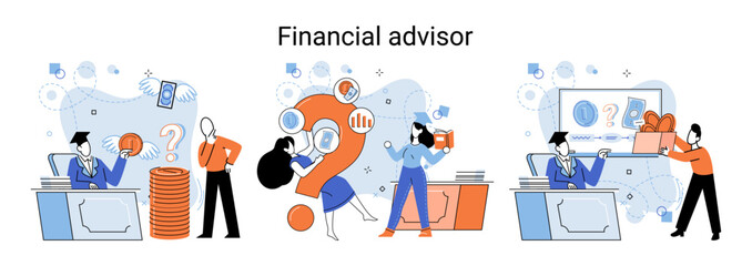 Financial advisor giving advice investment money market analysis management planning for customer. Fiscal consultant professional in finance. Business development successful vested interests metaphor