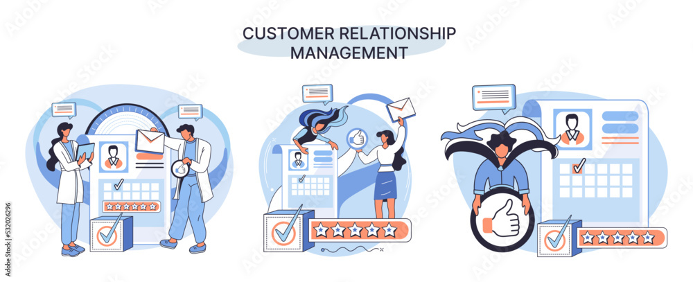Poster crm metaphor. customer relationship management. application software for organizations automatisatio