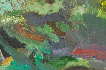 Green oil abstract background. Multicolored brush strokes close-up. Picturesque foliage texture. Modern design. Handmade on canvas. Beige, pink, gray, yellow shades. Artistic spring background.
