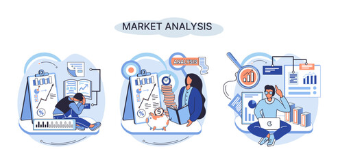 Market analysis metaphor marketing strategy development. Business research. Identify business determine solutions business problems solving. Marketer analyzes sales plan, doing an advertising campaign