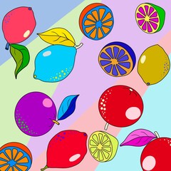 Multicolored lemons and oranges in retro style, summer, warm pleasant summer memories. On a colorful background,