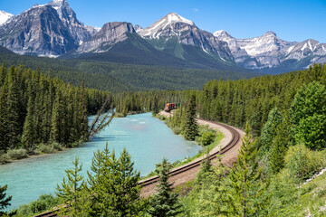 Fototapeta premium Train approaches on Morant's Curve, a famous viewpoint in Banff National Park along the Bow Valley Parkway in summer