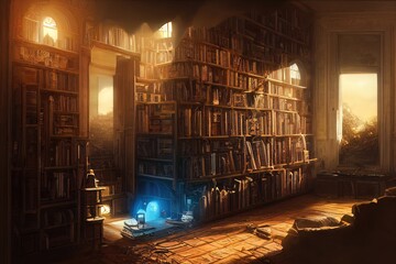 
Bookcase with old books in the interior. Bookstore, library, bookshelves in a dark room with a window. 3D illustration.