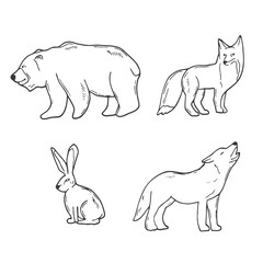 Animals of Europe set. Wolf, fox, bear, rabbit isolated. Black and white. Vector art illustration. Wildlife mammals. Nature objects. Vintage engraving.