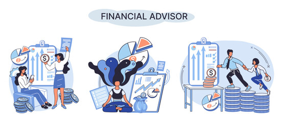 Financial advisor giving advice investment money market analysis management planning for customer. Fiscal consultant professional in finance. Business development successful vested interests metaphor