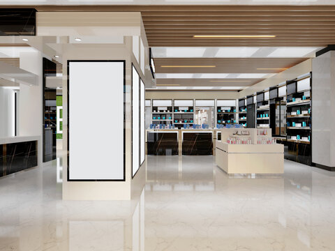 Interior design of a perfumery and cosmetics store in white and black with golden elements.