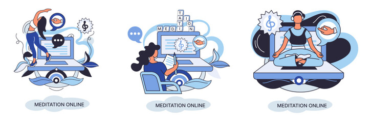 Meditation online. Classes laptop, practicing yoga, mental exercises metaphor. Live stream, internet education. Wellness practice restore peace of mind. Healthy lifestyle, clearing brain and managing