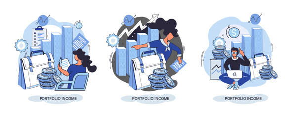 Investment portfolio income dollars currency, buy sell trading, market exchange value metaphor, businessman investor or trader balance portfolio with coins. Financiers analyzing stock market profit