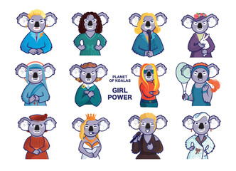Fototapeta na wymiar The set portraits of cartoon koalas. Collection Girl power