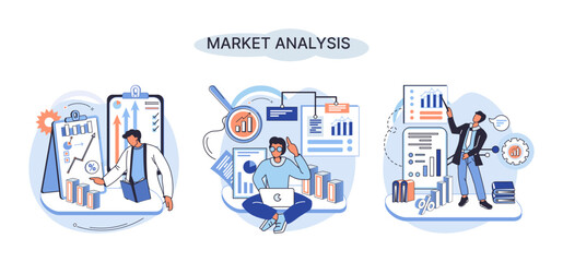 Market analysis metaphor marketing strategy development. Business research. Identify business determine solutions business problems solving. Marketer analyzes sales plan, doing an advertising campaign