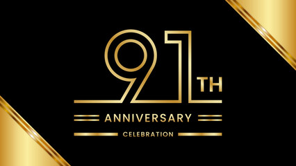 91th Anniversary Celebration with golden text, Golden anniversary vector template