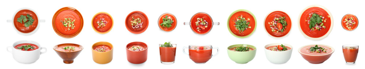 Collage of red gazpacho soup in bowls on white background
