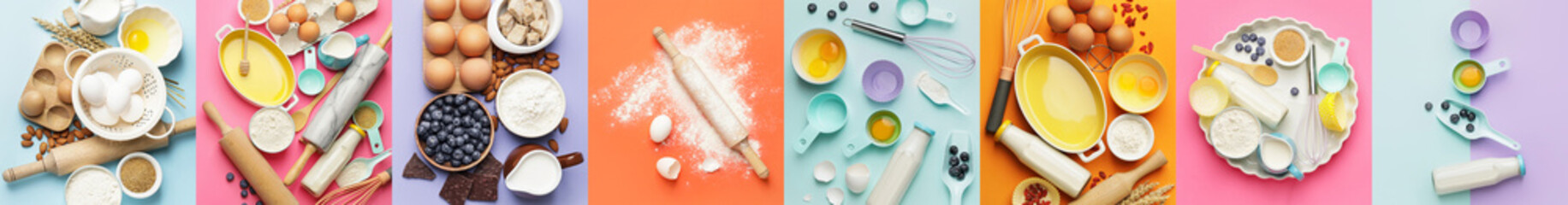 Collage of kitchen utensils and ingredients for preparing pastry on color background, top view
