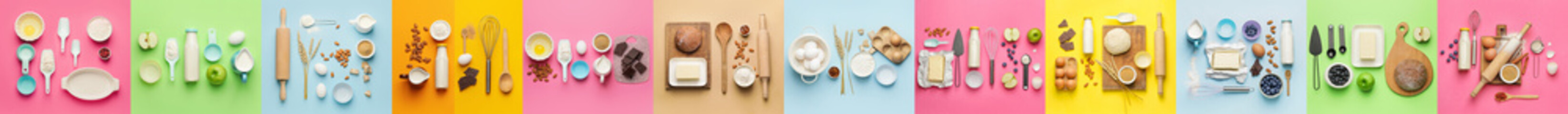 Set of kitchen utensils and ingredients for preparing pastry on color background, top view