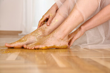 Obraz na płótnie Canvas Beautiful female legs and bare feet. Hand and feet Skin care. Varicose veins prevention