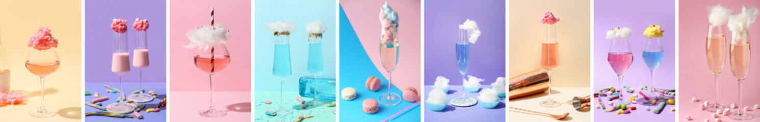 Collage of tasty cotton candy cocktails on color background