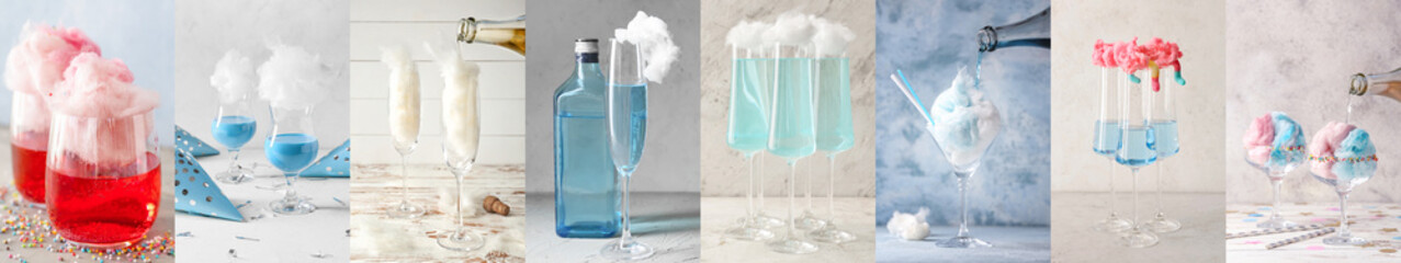 Collage of tasty cotton candy cocktails on light background