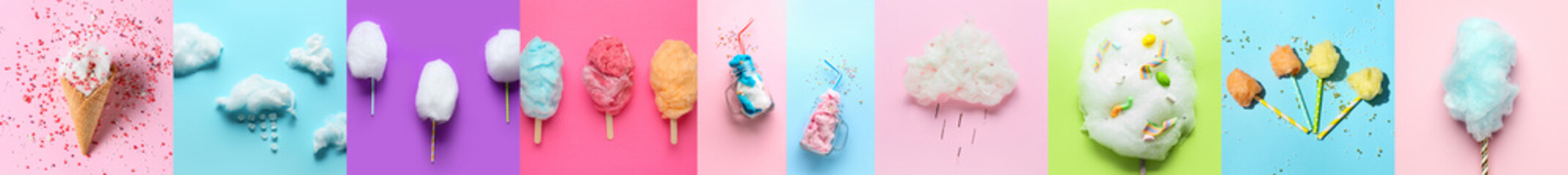 Collage of sweet cotton candy with sprinkles on color background, top view
