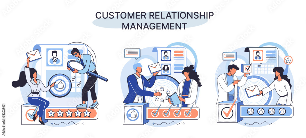 Poster crm metaphor. customer relationship management. application software for organizations automatisatio