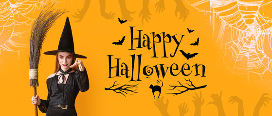 Advertising banner for Halloween party with young witch - obrazy, fototapety, plakaty