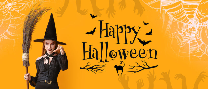 Advertising banner for Halloween party with young witch