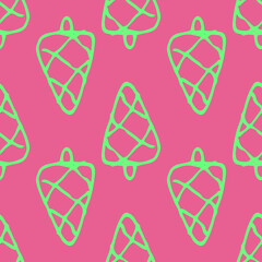 Vector pattern of a green Christmas tree on pink for the holidays. Seamless pattern of a triangular shaped green Christmas tree, drawn in the style of a doodle with a stripe texture for a New Year's H