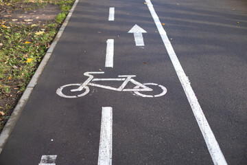 Obraz premium Asphalt path with markings for the passage of cyclists, a white bicycle sign on a specialized path