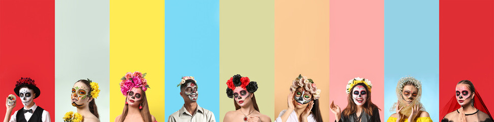 Set of people with painted skulls on faces against color background. Mexico's Day of the Dead (El Dia de Muertos) - obrazy, fototapety, plakaty