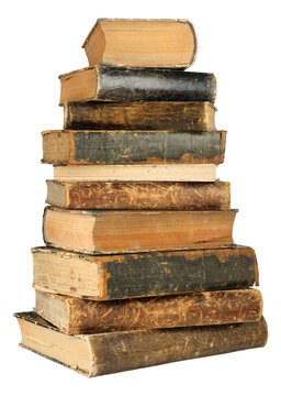 High stack of brown and black old books cut out