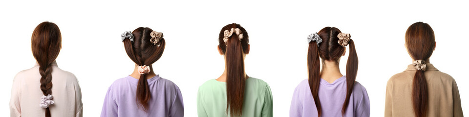 Collage of young woman with stylish hair scrunchies on white background, back view