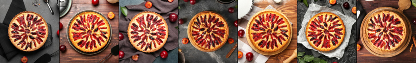 Collection of tasty plum pie on table, top view