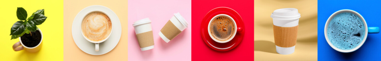 Collage with cups of coffee and plant on color background