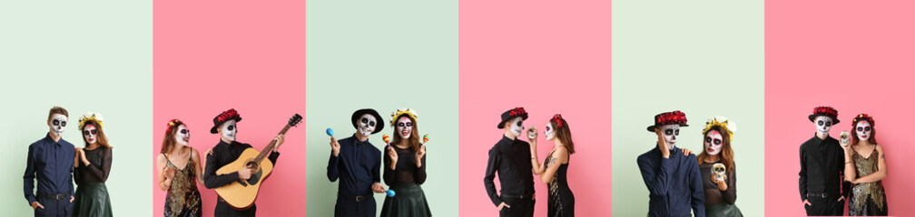 Set of people with painted skulls on faces against color background. Celebration of Mexico's Day of...