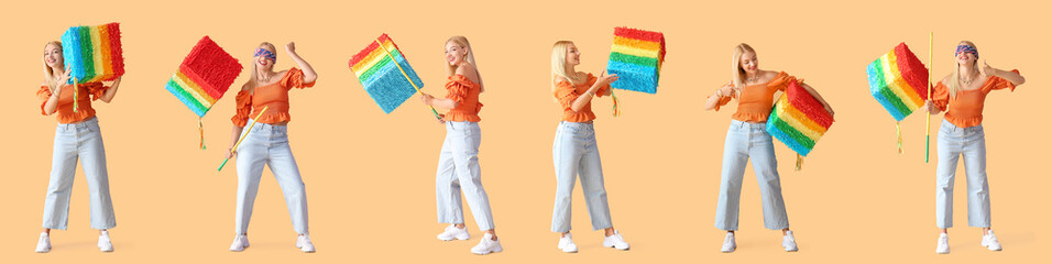 Set of young woman with Mexican pinata on beige background