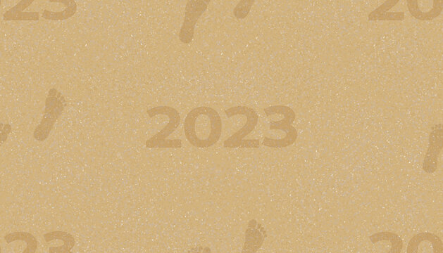 Seamless pattern 2023 Footprints on brown sand beach background. Vector illustration top view pattern foot steps walking forward on sea sand texture.