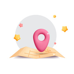 3d vector online delivery location pin icon on city map with flying star design illustration. GPS navigator pointer. Travel, adventure, trip concept.