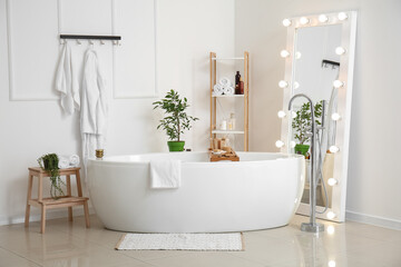 Fototapeta na wymiar Interior of stylish bathroom with mirror, shelving unit and houseplant