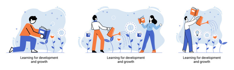 Learning development and growth. Self-learning metaphor, online emoloyee education distance e-learning. Skill improvement. Self development program way to success. Goal achieving professional training