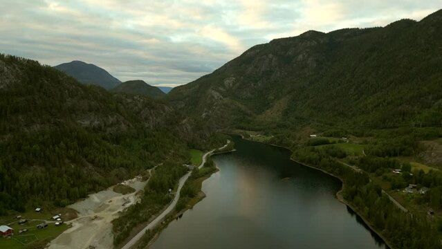 Mountain fjord Norway. 4k aerial drone video establisher